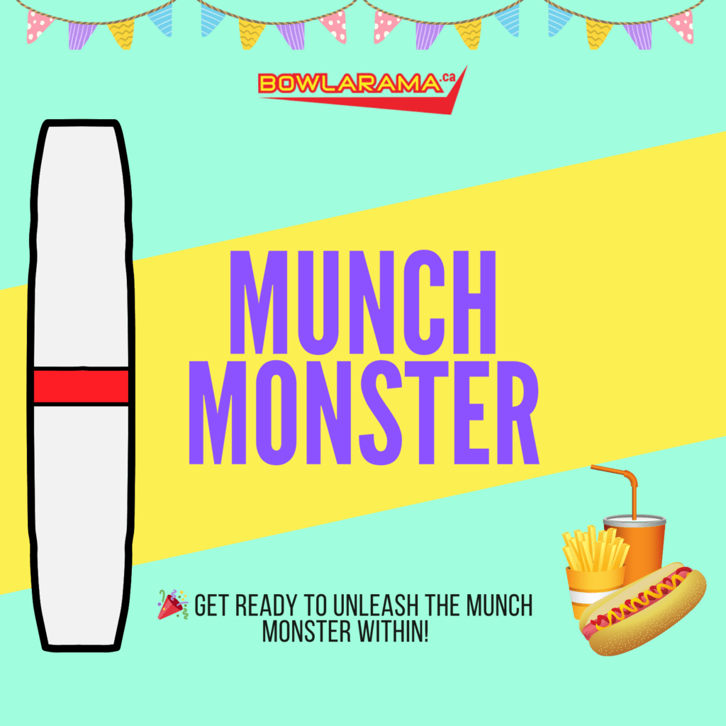 Animated bowling pin along with animated fast food with munch monster text in middle for bowlarama's munch monster birthday party