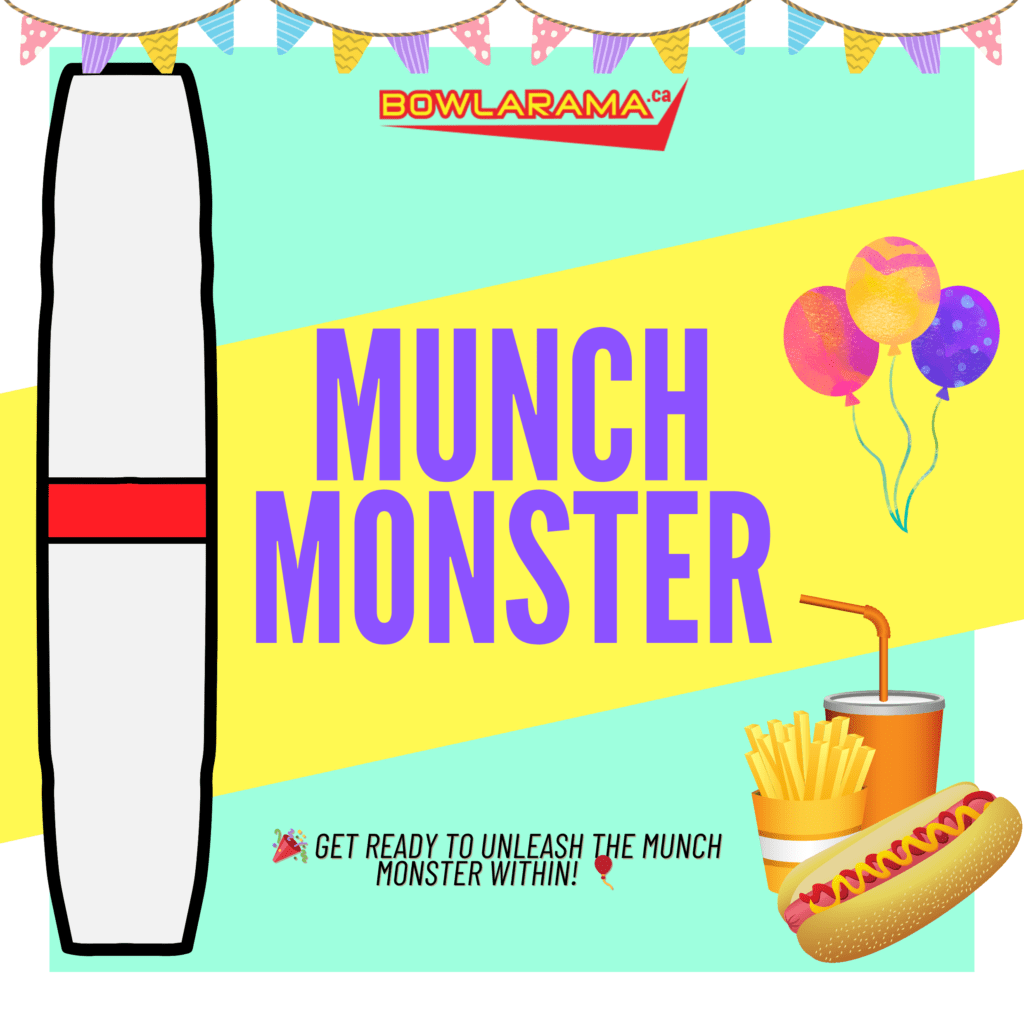 Munch monster birthday party sign, animated Fast food and bowling pin from bowlarama.