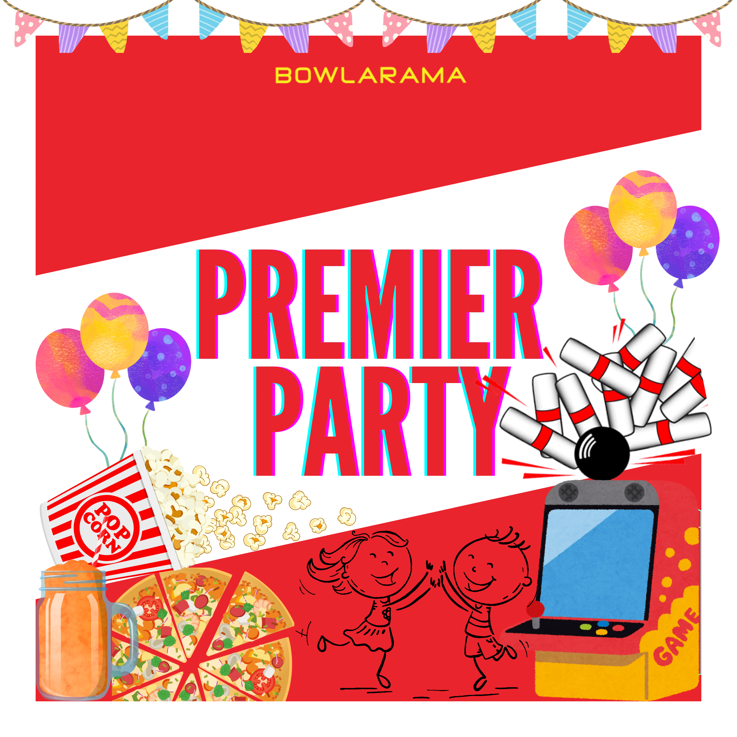 Premier birthday party sign, animated bowling,food,aracde and birthday party ballons.